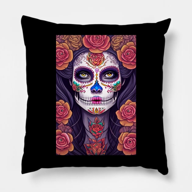 Woman in Colorful Sugar Skull Makeup Art Pillow by ImaginativeInkPOD