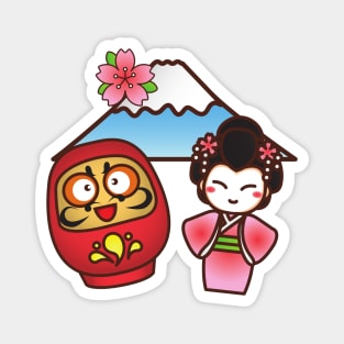 Daruma Geisha and Fuji Kawaii Cute Japanese Design Magnet