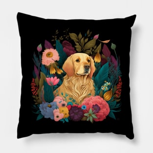 Golden Retriever Dog, Floral Ornament, Dog Lover Pillow