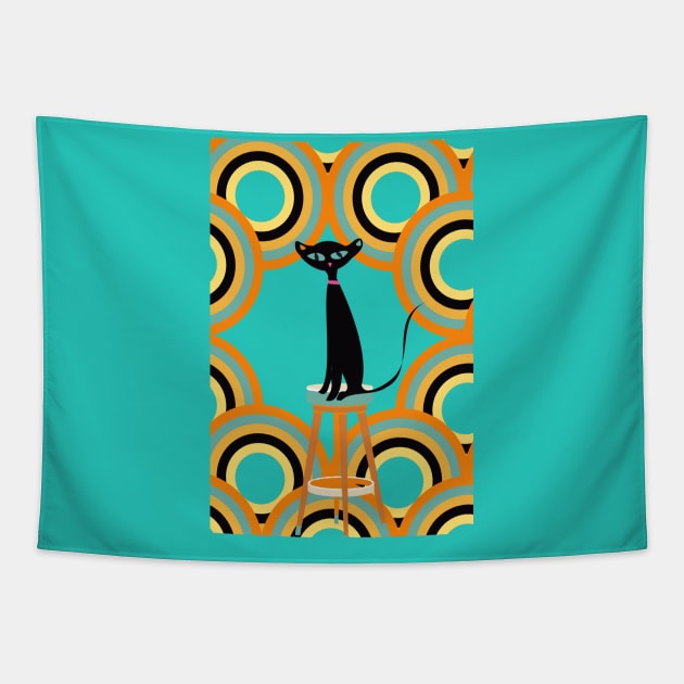 Black Cat Surrounded by Retro Shapes Tapestry by Lisa Williams Design