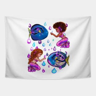 Best fishing gifts for fish lovers 2022. anime mermaid with blue tang fish and rain drops. Cute black  and white girls with Afro hair, green eyes, Cherry pink lips and dark brown skin. Hair love ! Tapestry