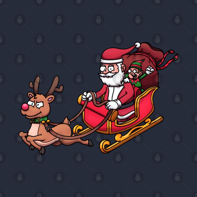 Cartoon Santa Claus And Elf Riding Sleigh With Reindeer by TheMaskedTooner