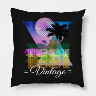 1981 vintage design with dolphin, moon, clouds and palm tree Pillow