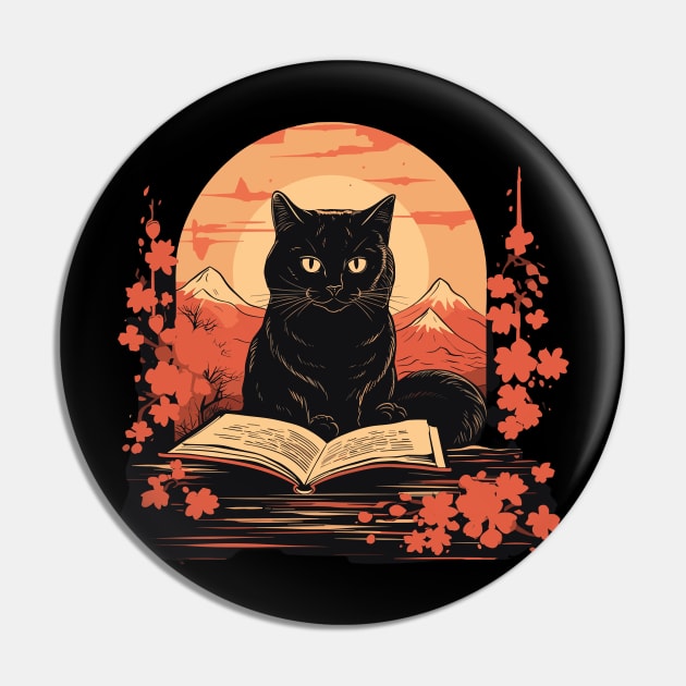 Japanese Floral Black Cat And Book Catshirt Pin by VisionDesigner