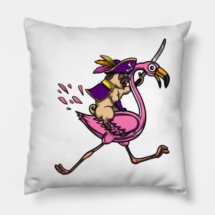 Pug Dog Pirate Riding Flamingo Pillow