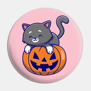 Cute Cat Laying On Pumpkin Halloween Cartoon Pin