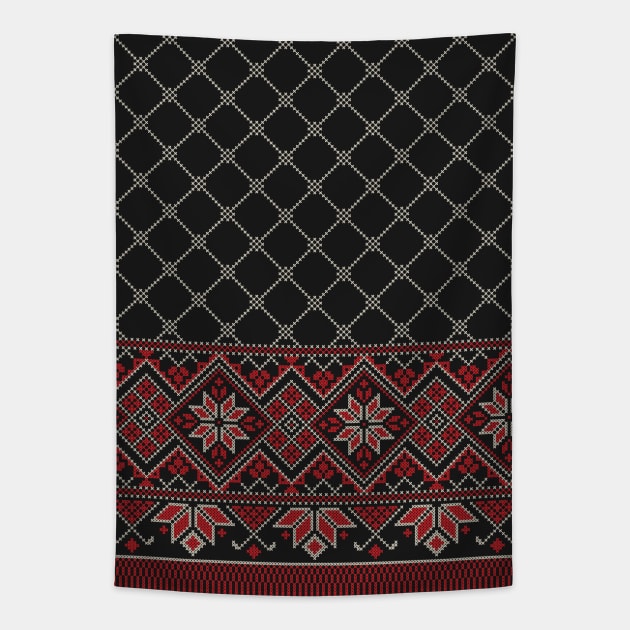 Palestinian Arabic Kufiya Keffiyeh or also called Hatta Traditional Pattern with Tatreez Embroidery Art Design Red Cream on Black Tapestry by QualiTshirt