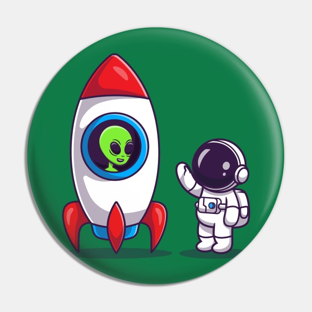 Cute Astronaut With Alien In Rocket Cartoon Pin by Catalyst Labs