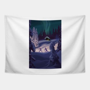 Nordic Northern Lights night ski Tapestry