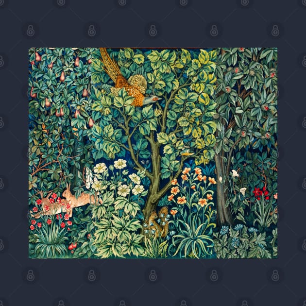 GREENERY,FOREST ANIMALS Pheasant on Tree,Squirrel,Hares,Blue Green Floral Tapestry by BulganLumini