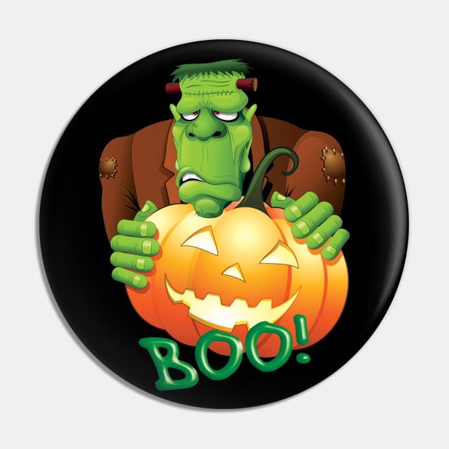 Frankenstein Cartoon with Jack o'Lantern Pin by BluedarkArt