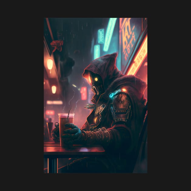 Cyberpunk Character Sipping on Coffee in a Neon Cafe by TortillaChief