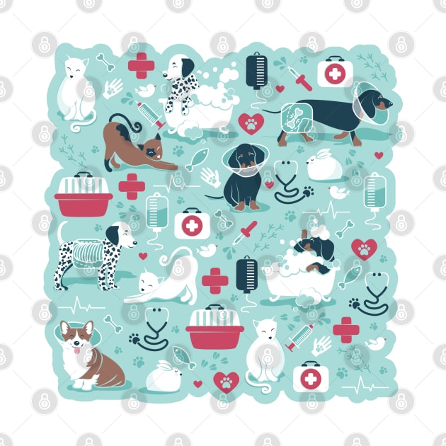 Veterinary medicine, happy and healthy friends // aqua background red details navy blue white and brown cats dogs and other animals by SelmaCardoso