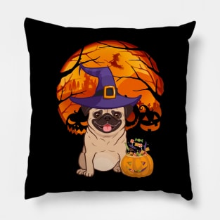 Pug pumpkin witch Pillow