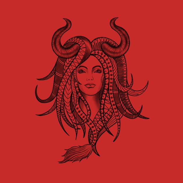 Confident Taurus Woman with Horns and Geometrical Tattoo Design by Tred85