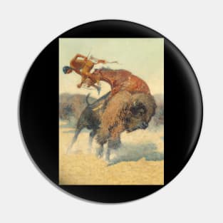 Buffalo Attacking Native American Hunter - Vintage Western American Art Pin