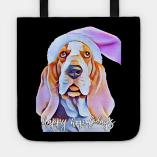 Cute Basset Hound in Pink Santa Hat with Happy Howlidays Tote