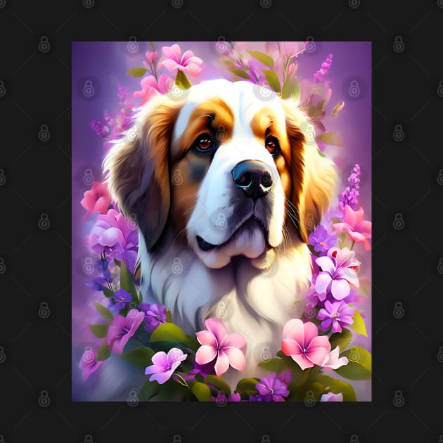 Saint Bernard Dog Surrounded by Beautiful Spring Flowers by BirdsnStuff