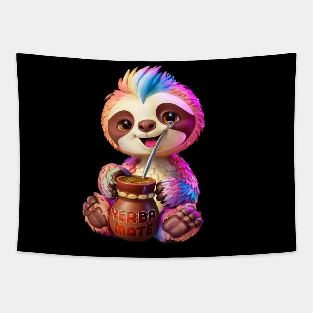 Cute Sloth: Kawaii Girl Yerba Mate Tea Lover with Food Lover Bombilla Tapestry by JJDezigns