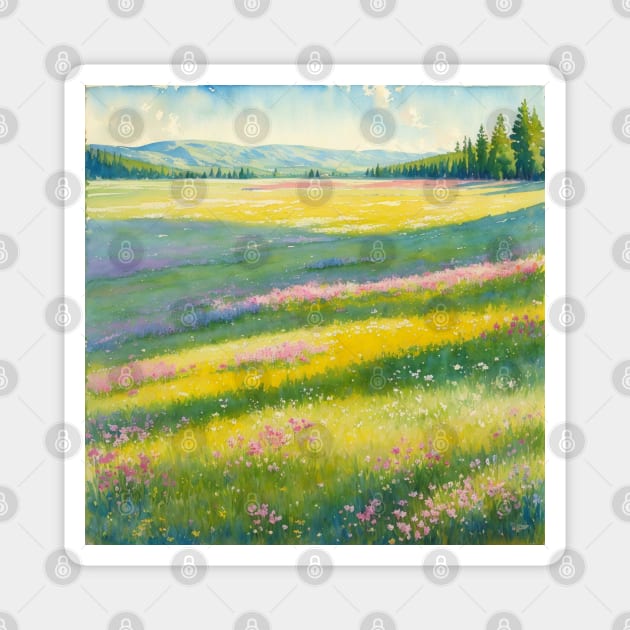 Slanted Watercolor Spring Hill with Pink Flowers Magnet by CursedContent