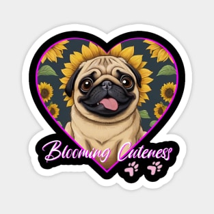 BLOOMING CUTENESS  PUG IN HEART SHAPE WITH SUNFLOWERS Magnet