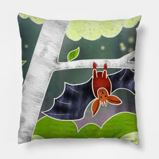 Cute Bat in a Birch Tree, Batik silk painting style Pillow