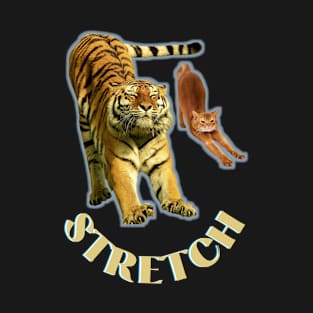 Stretch exercise by a tiger and a cat - gold text T-Shirt