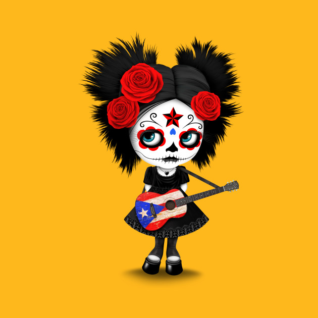 Sugar Skull Girl Playing Puerto Rican Flag Guitar Cute Zombie