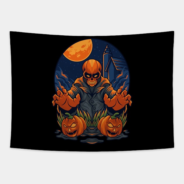 Scary skull halloween Pumpkin Tapestry by SDxDesigns