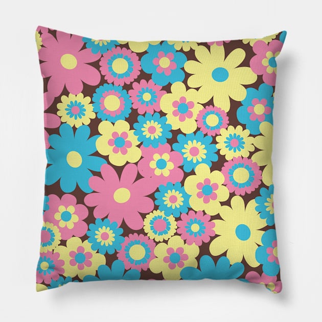 80s pastel retro flowers, pastel pink, pastel blue, pastel yellow, 60s retro pattern, groovy florals Pillow by blomastudios