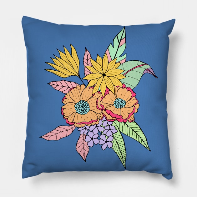 Colorful tropical flowers in blue Pillow by Natalisa