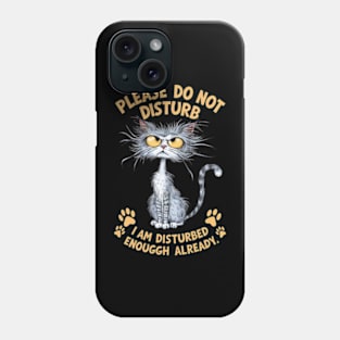 A whimsical cartoon drawing of a disheveled cat, with its fur sticking out in all directions and large yellow eyes showing irritation. (13) Phone Case