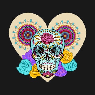 Valentines Sugar Skull Heart and Roses T-Shirt