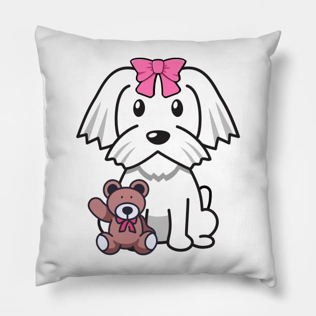 Cute white dog is holding a teddy bear Pillow by Pet Station