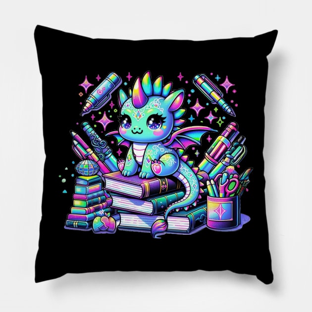 Kawaii Holographic Baby Dragon on Books Chibi Anime Pillow by Lavender Celeste