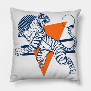 Retro 80s Orange and Blue Tiger on the Attack // Vintage Geometric Shapes Background Pillow