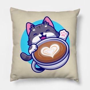 Cute Cat With Coffee Cup Cartoon Pillow