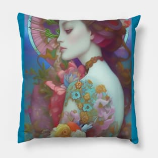 Pretty girl with flowers and roses dreamy surreal tattoo Pillow