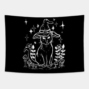 Black Cat, Mushrooms, Foliage, Witchy Gothic Punk Tapestry