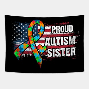 Autism Awareness T-Shirt Pround Autism Sister Vintage USA Flag Gift Tapestry