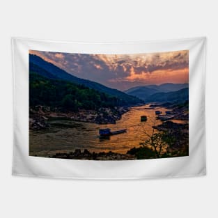 Evening mood on the Mekong in Pakbeng in Laos Tapestry