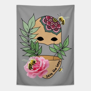 Save the Bees - realism pink rose and mandala tattoo Tapestry