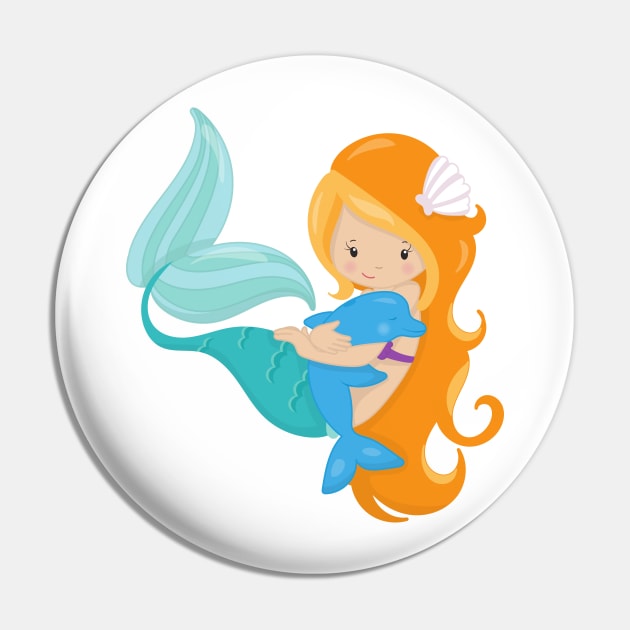 Cute Mermaid, Little Mermaid, Orange Hair, Dolphin Pin by Jelena Dunčević