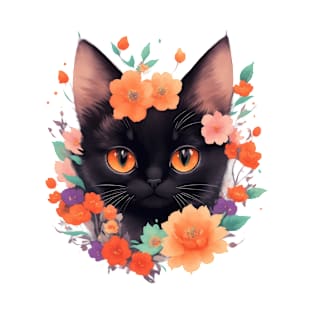 Midnight Meow: Cute Black Kitten and Vintage Floral Charm T-Shirt