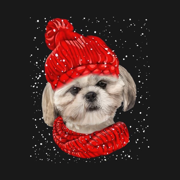 Shih Tzu Wearing Red Hat And Scarf In Snow Christmas by Vintage White Rose Bouquets