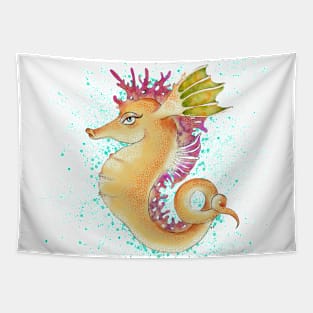 Seahorse Orange Magenta Teal Splash Art Tapestry