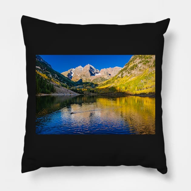 Maroon Bells Ripples - A Day with the ducks Pillow by nikongreg