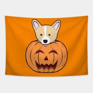 Halloween Cute Corgi Stuck In A Pumpkin Head. Tapestry