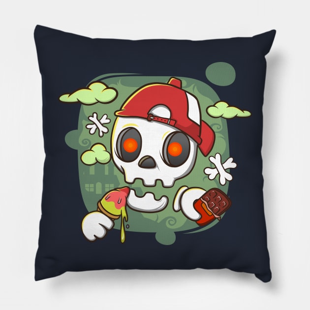 cute illustration of a skull eating ice cream and chocolate Pillow by ReasArt