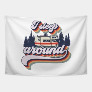 Cute retro camping van typography, I sleep around camping short quote Tapestry